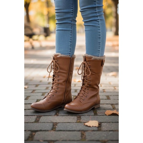 Bumper Womens Tan Faux Leather Lace Up Fur Lined Combat Boots Ankle Mid Calf - Picture 2 of 12